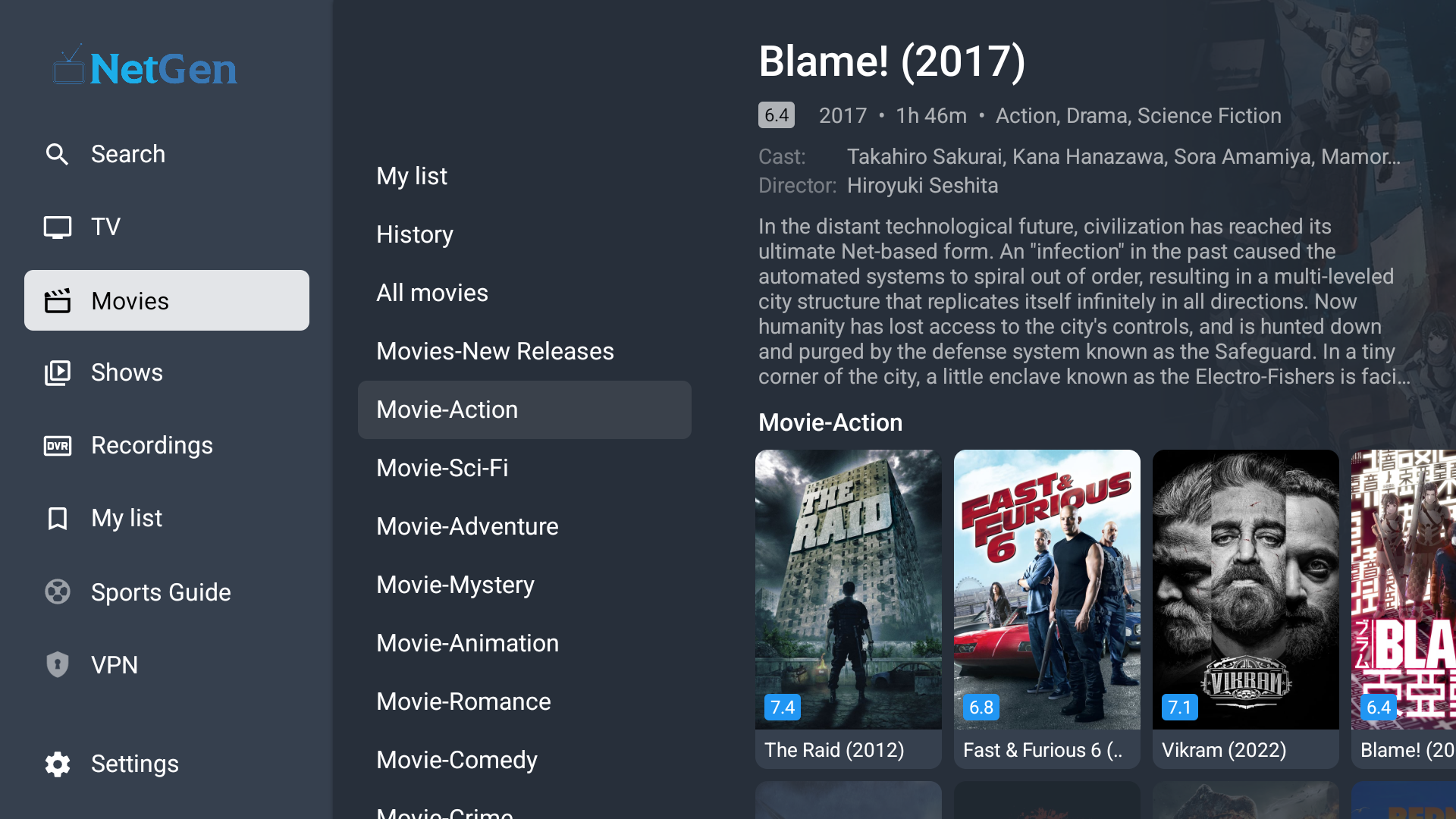 NetGen TV app showing its TV, movies, shows and favorites navigation