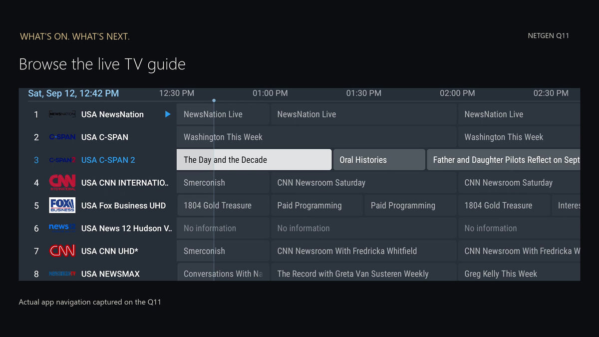 Actual NetGen TV program guide captured on the Q11, showing schedule browsing.