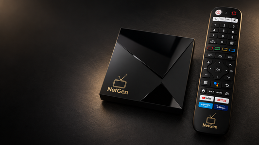 NetGen Q11 black TV box and programmable remote with gold NetGen branding.
