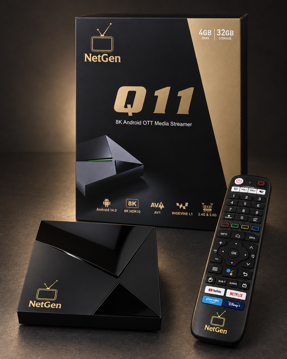 NetGen Q11 retail packaging, TV box, and remote in the black and gold NetGen design.