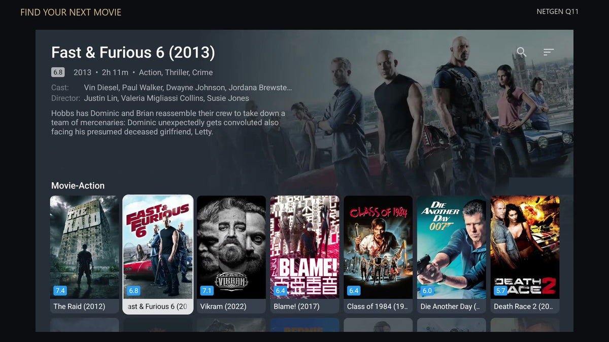 Actual NetGen TV movie browser captured on the Q11, with artwork and title information.