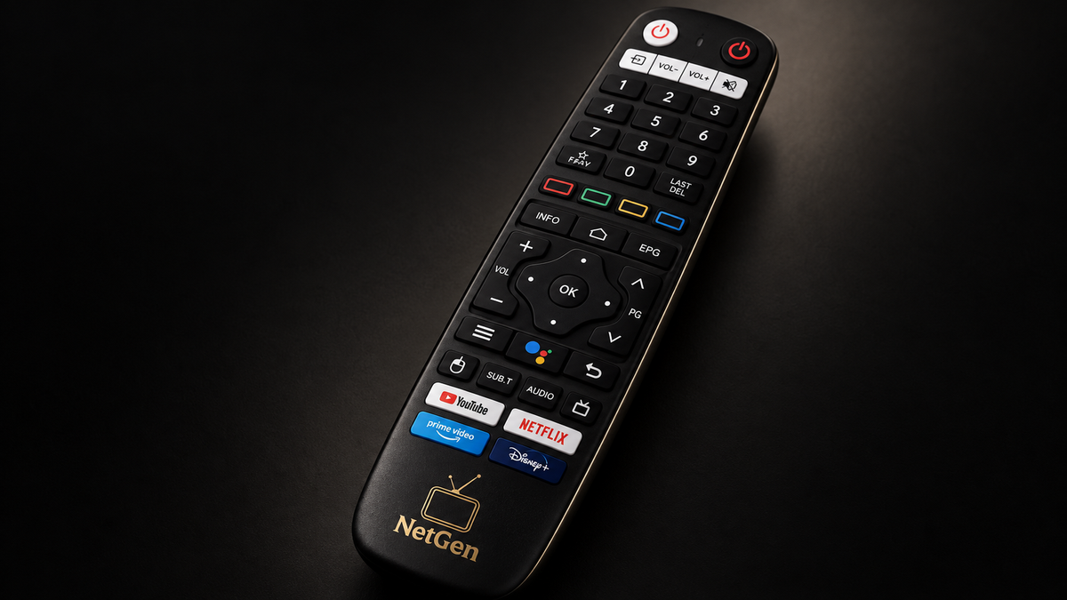 NetGen Q11 remote with number pad and programmable compatible-TV power, volume, and input controls.