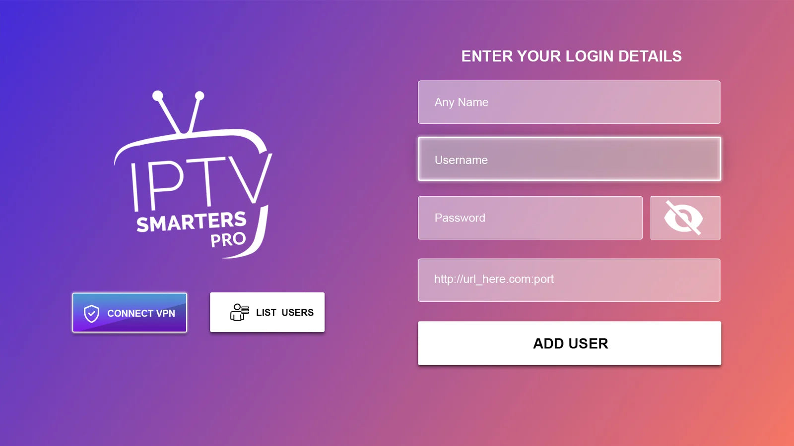 Empty Smarters profile name username password and server fields