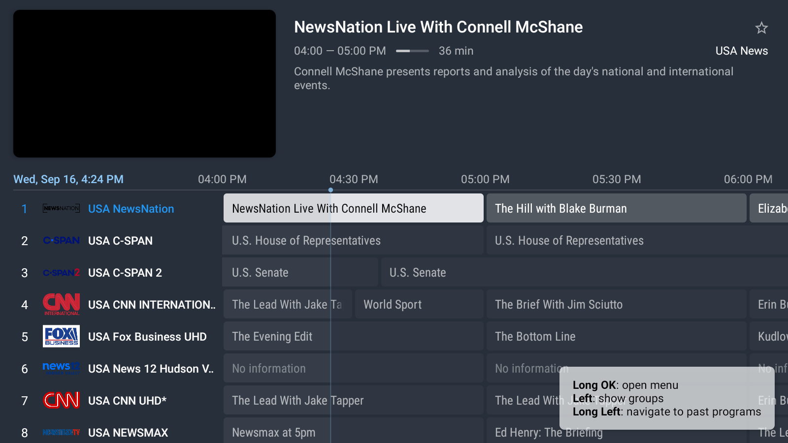 NetGen TV channel guide with channel names and a schedule of programs