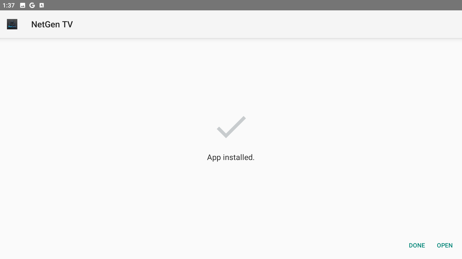 NetGen TV app installed confirmation with Open