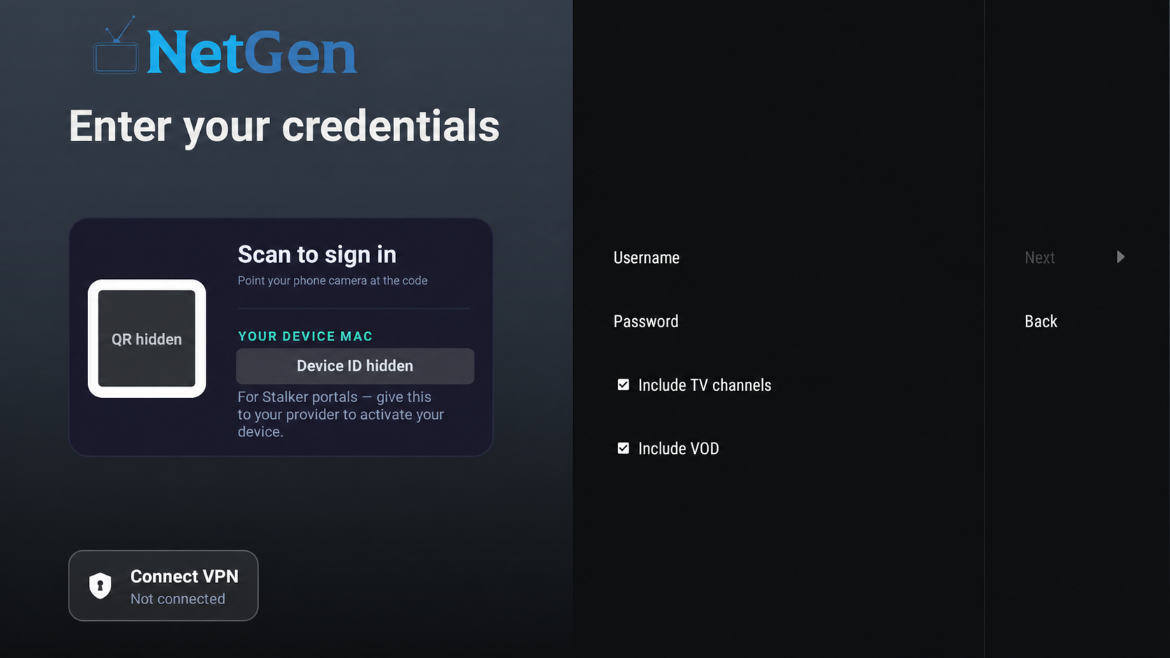 NetGen TV empty username and password fields, with private QR and device ID concealed